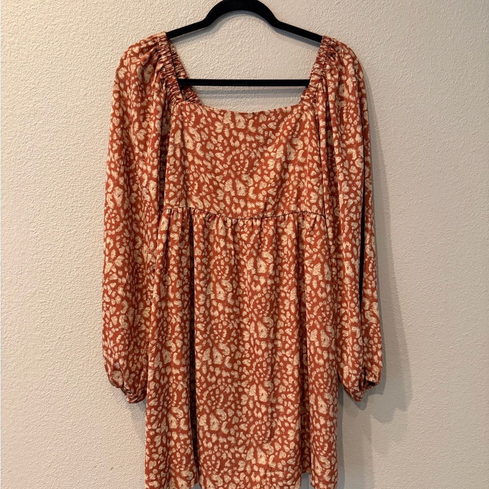 Very J Rust and Cream Floral Peasant Tunic Dress